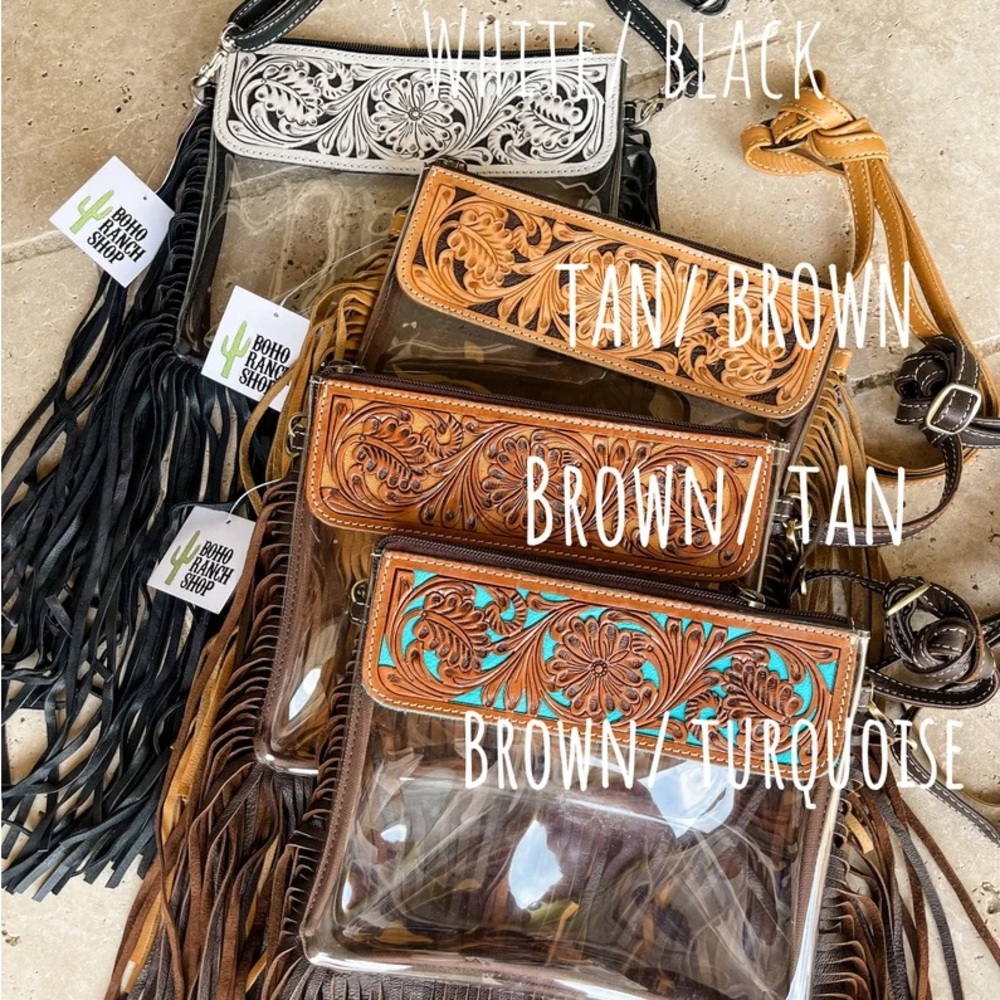 Boho Ranch - Western Tooled Leather Clear Crossbody Purse hand tooled concert - Picture 4 of 10
